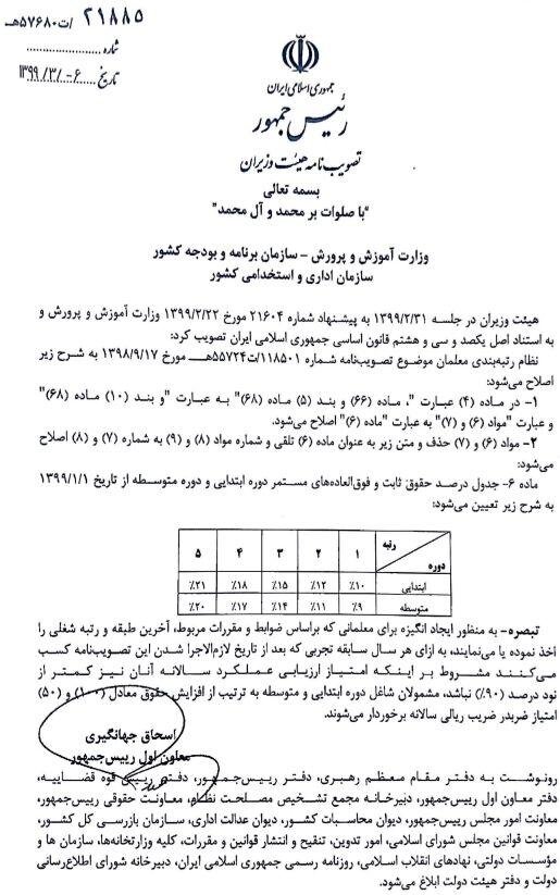 مصوبه اصلاح نظام رتبه بندی معلمان ابلاغ شد